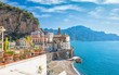 Small town Atrani on Amalfi Coast in province of Salerno, in Campania region of Italy. Amalfi coast is popular travel and holyday destination in Italy.
