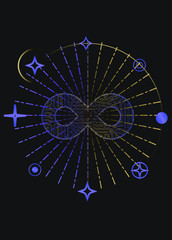 Occult Hermetic illustration of magic infinity symbol with circle of stars around, the nigredo (or blackness) alchemy concept.