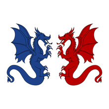 Vector Illustration. The Image Of Two Dragons Looking At Each Other Is Isolated On A White Background. EPS 8