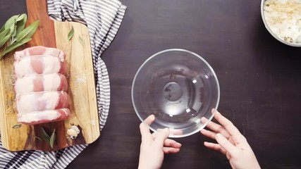 Wall Mural - Flat lay. Step by step. Mixing together spice rub in glass mixing bowl.