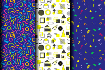 Leinwandbilder - Set of 3 seamless vector patterns with memphis style ornaments. Nice vector background, perfect for wallpaper, wrapping paper or textile.