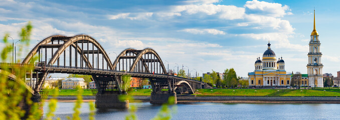 Panorama of Rybinsk city in Russia with church