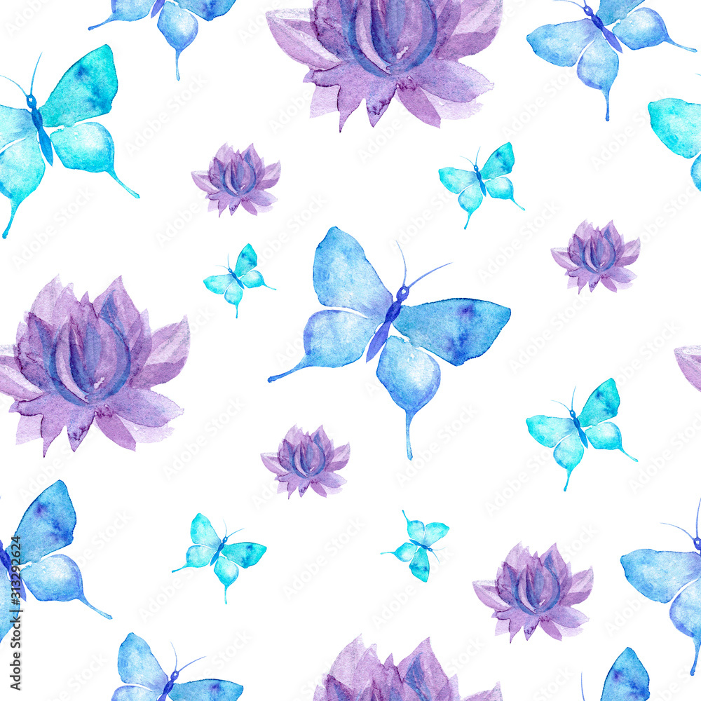 Trendy blue butterflies and water lily flowers seamless pattern. Hand ...