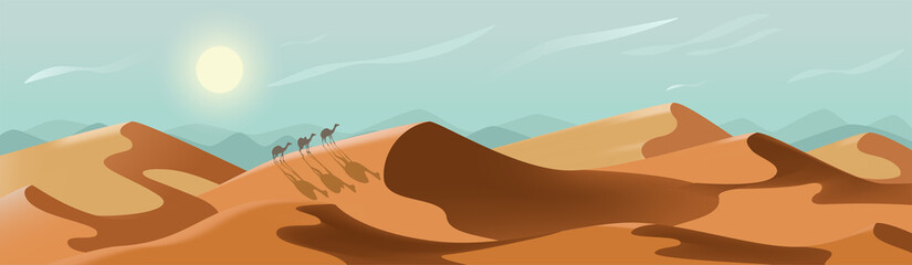 desert landscape. sunny nature panorama with camels. bright summer day among endless sand dunes. env