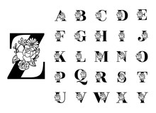 Floral Alphabet Cut Out Black Letters. Flower Bouquet Silhouette Abc Font.