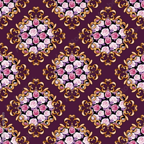 Seamless pattern with golden curls. Roses and baroque background