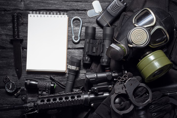 Wall Mural - Military equipment list mock up. Army diary. Special agent table concept flat lay background with copy space.