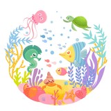 Fototapeta Dinusie - Funny sea animals in circle. Marine life. Ocean wildlife.. Cute vector illustration. Template