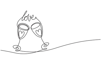 Word love and a pair of glasses of wine with hearts. Romantic relationship. Continuous line drawing. Vector sketch.