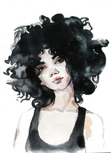 Young Female Brunette Portrait Hand Drawn Watercolor Illustration