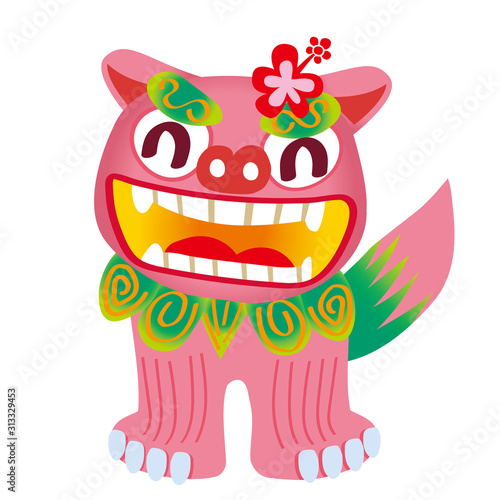 正面向きの笑顔のピンクのメスのシーサーのイラスト 沖縄県 旅行のイメージイラスト Stock Vector Adobe Stock