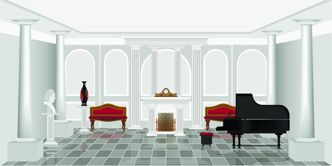 Wall Mural - White living room with mirror reflection on the floor, grand piano and columns. The interior of the living room.