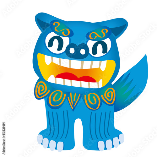 正面向きの笑顔のブルーのシーサーのイラスト 沖縄県 旅行のイメージイラスト Stock Vektorgrafik Adobe Stock