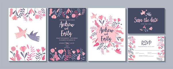 Wedding invitation card templates with cute flowers and birds. Save the date, RSVP cards