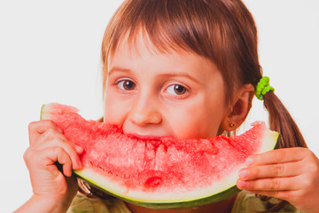 Close up portrait of beautifu young woman eating watermelon. Vitamins, nutritional vegetarian food, holiday, diet concept.