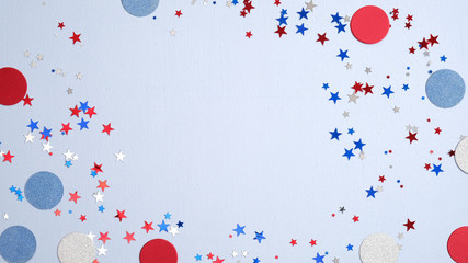 Happy Presidents Day banner with American flag color decorations and confetti on blue background. USA Independence Day, American Labor day, Memorial Day, US election concept.