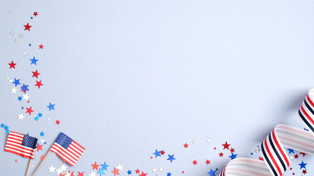 happy presidents day banner mockup with american flags, confetti and ribbon. usa independence day, a