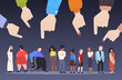 depressed people being bullied surrounded by fingers pointing on mix race men women violence victim of bullying mocking public disapproval censure concept full length horizontal vector illustration