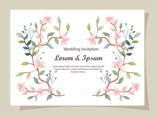  wedding invitation card with branches and flowers decoration vector illustration design
