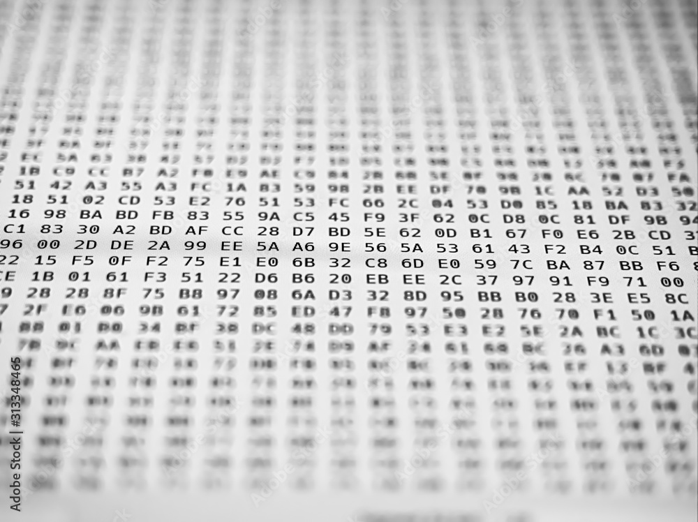 Hex code on computer screen closeup. Random hexadecimal code stream. Abstract digital data element. Concept of hacking, internet security, malware and reverse engineering.