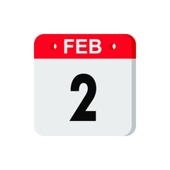 february 2 - Red calendar Icon. Calendar Icon with shadow. Flat style. Date, day and month. Reminder. Vector illustration. Organizer application, app symbol. Ui. User interface sign