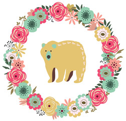 Sticker - Vector Vintage Floral Frame with a Bear