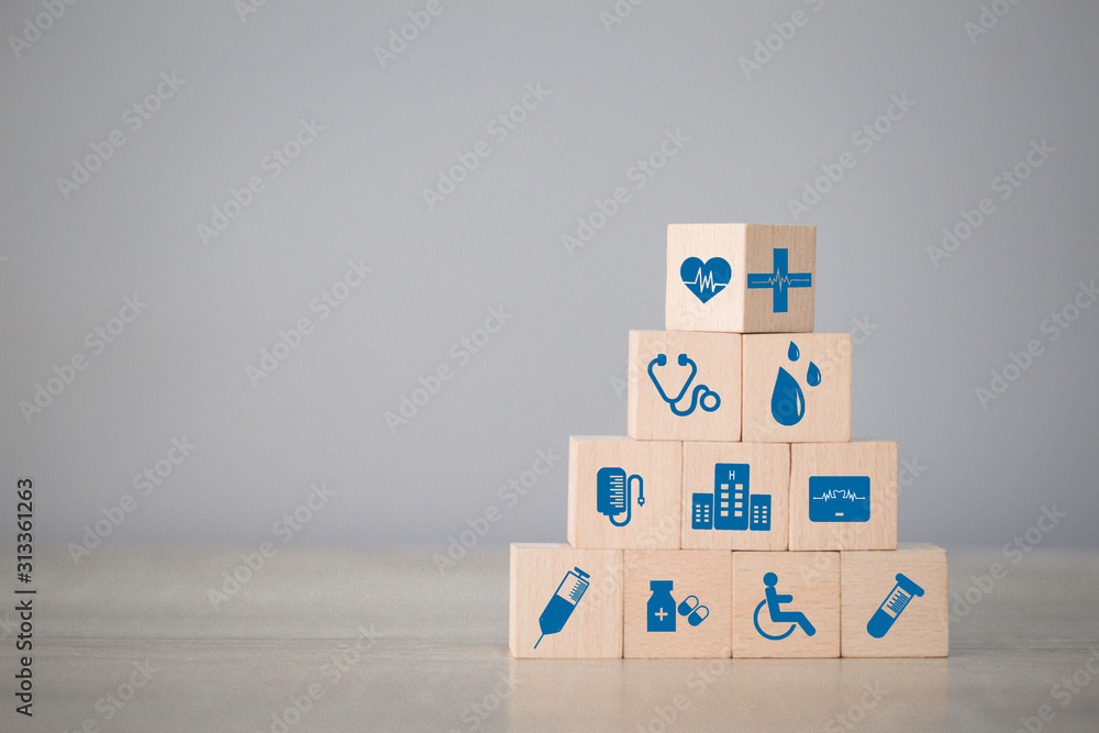 Health Insurance Concept,arranging wood block stacking with icon healthcare medical. - obrazy, fototapety, plakaty 