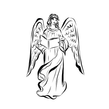 Angel with a book. Graphic linear drawing. Concept for religious holidays - Easter, Christmas. Bible symbol. Illustration for children's books, cards
