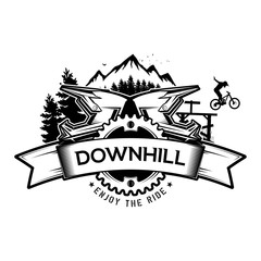 Downhill mountain biking. The emblem of the bicycle and the mountains. Concept for shirt or logo, print, stamp or tee. Vector illustration.