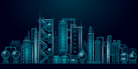Petroleum oil refinery complex low poly business concept. Finance economy polygonal petrochemical production plant. Petroleum fuel industry downstream. Ecology solution blue vector illustration
