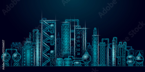 Petroleum oil refinery complex low poly business concept. Finance economy polygonal petrochemical production plant. Petroleum fuel industry downstream. Ecology solution blue vector illustration