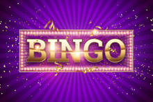 Creative Background, Bingo Lettering In Gold Letters On A Purple Background. Concept Win, Casino, Idea, Luck, Lotto. 3D Illustration, 3D Rendering.