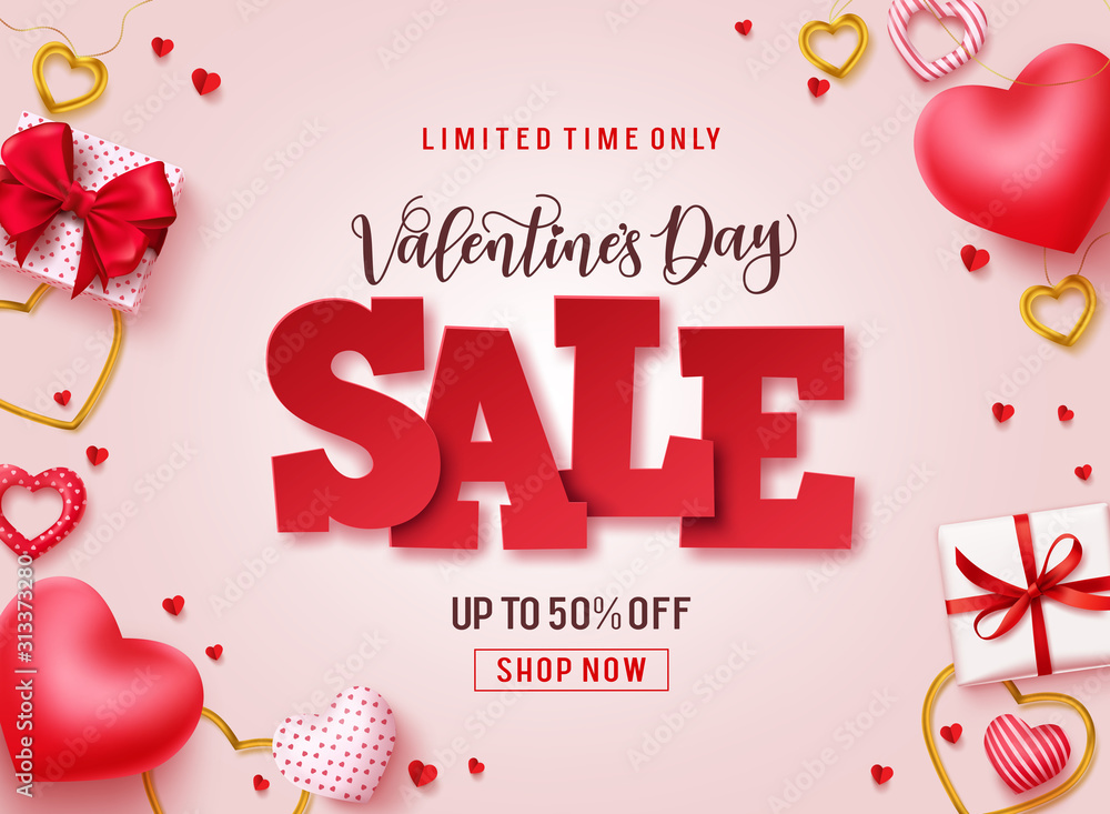 Valentines day sale vector promotional banner. Sale text with hearts, gifts and jewelry elements in pink background for valentines day discount promotion. Vector illustration. - obrazy, fototapety, plakaty 
