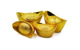 Traditional chinese gold ingots or bullion nugget with chinese words Zhao Cai Jin Bao which mean wish you wealth and success isolated on white background, chinese new year concept