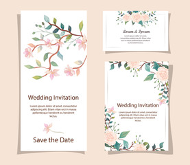 Canvas Print - set of wedding invitation cards with flowers decoration vector illustration design