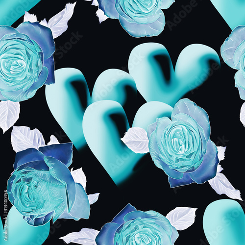 Valentinesday with hearts and roses, seamless pattern.