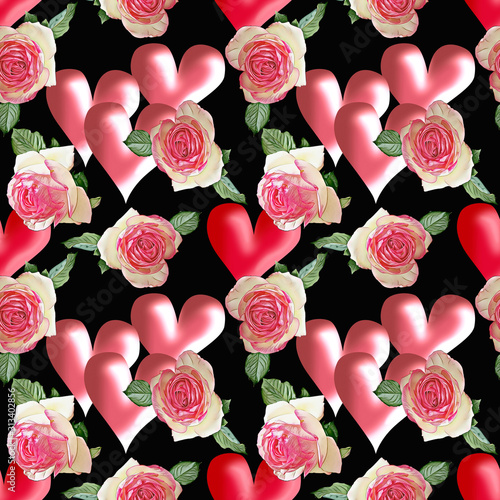 Valentinesday with hearts and roses, seamless pattern.