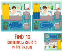 Adorable Little Boy Taking A Bath In Bathtub With Lot Of Soap Lather And Rubber Duck. Find 10 Differences Objects In The Picture. Educational Game For Children.
