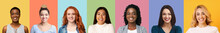 Collage Of Diverse Multiethnic Young Women Smiling Over Colorful Backgrounds