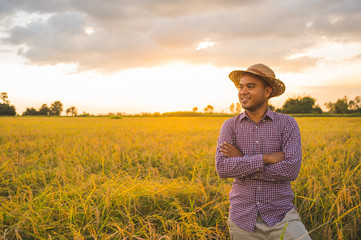 Young asian farmer and paddy field