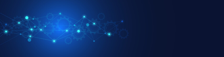 Website header or banner design with abstract geometric background and connecting dots and lines. Global network connection. Digital technology with plexus background and space for your text.