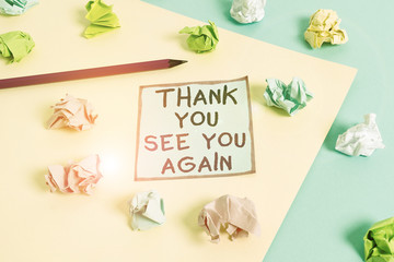 Word writing text Thank You See You Again. Business photo showcasing Appreciation Gratitude Thanks I will be back soon Colored crumpled papers empty reminder blue yellow background clothespin