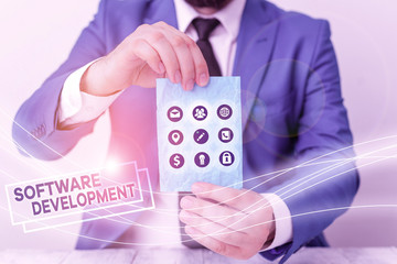 Word writing text Software Development. Business photo showcasing software is created using a specific programming