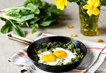 Canvas Print - shakshuka with spinach or fried eggs. Green Shakshuka. Cook in Israel. Paleo. Keto diet dish. 