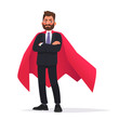 Determined businessman or office worker super hero in a red cloak. The concept of leadership and strength in business
