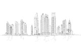 Fototapeta Londyn - llustration of the Dubai skyline: Skyscrapers of the Dubai Marina Dubai panoramic view with skyscrapers. Detailed sketch