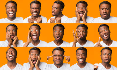 Poster - African American Guy Grimacing Expressing Different Emotions, Collage, Orange Background