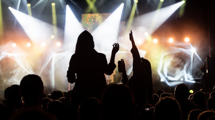 Girls enjoying the outdoor music festival. Friends at concert.