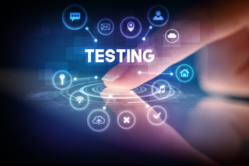 Poster - Finger touching tablet with web technology icons and TESTING inscription, web technology concept