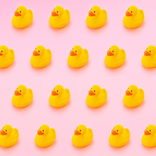 Trendy Still Life Pattern Made With Yellow Plastic Rubber Ducks On Pastel Pink Background. Minimal Background With Isometric View